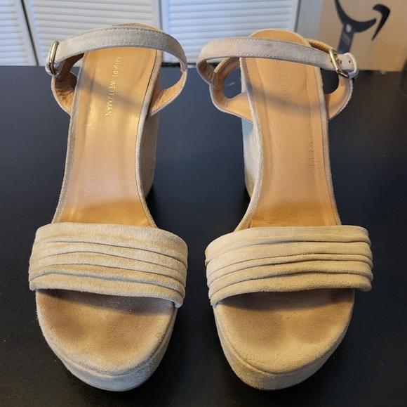 Stuart WeitzmanSundraped Suede Platform Wedge Sandals, Med. Beig - Picture 3 of 11